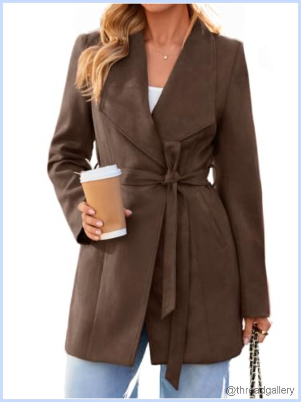 Faux Suede Trench Coat Open Front Tie Waist Belted Jacket